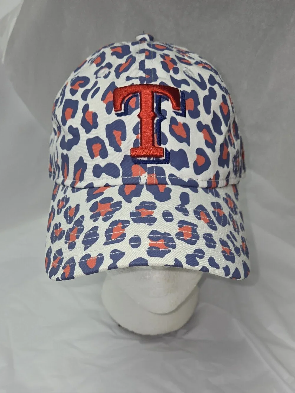 New Era Texas Rangers White Leopard Print Cap with Red & Blue Accents
